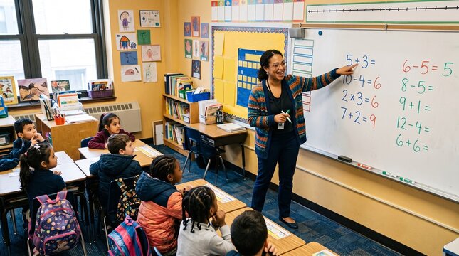 Engaged Learning Environment: A dedicated teacher leads a lively math lesson, pointing to equations on a whiteboard as young students attentively observe in a bright, colorful classroom.