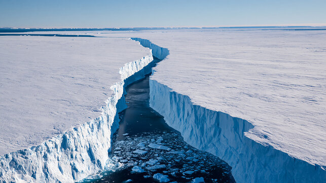 A massive crack splits through an Antarctic ice shelf, revealing dark ocean water below. Climate change and global warming concept for scientific publications.