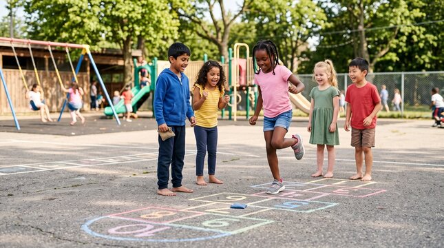 Children Playing Hopscotch in Schoolyard: A diverse group of energetic children joyfully engages in a game of hopscotch drawn with colorful chalk on the asphalt playground of a school.