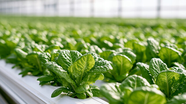 Rows of fresh green lettuce growing in a modern hydroponic greenhouse facility. Sustainable agriculture concept for smart farming and healthy food production.