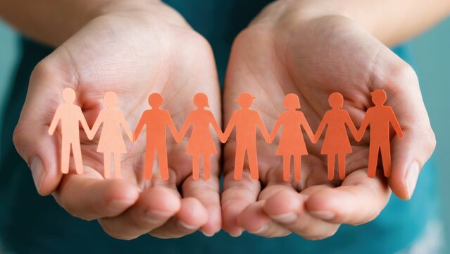 Hands holding a chain of paper people representing community and unity