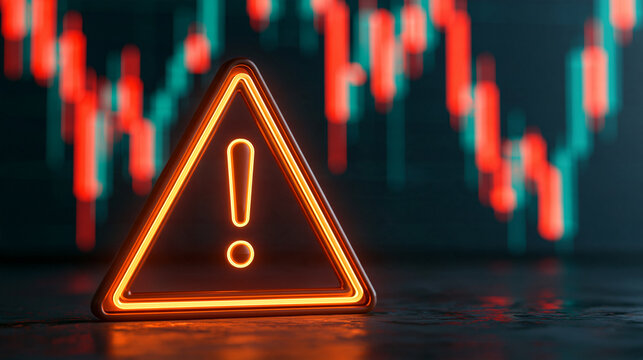 Glowing orange warning sign with an exclamation mark against a backdrop of red and green stock market charts. Financial risk and market crash concept for trading presentations.