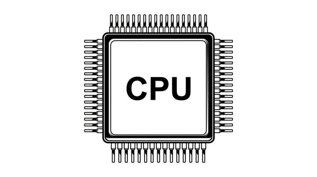 Black and white line art illustration of a central processing unit chip with CPU text label