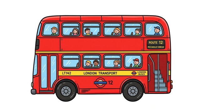 Cartoon illustration of a red double decker bus with passengers isolated on a white background