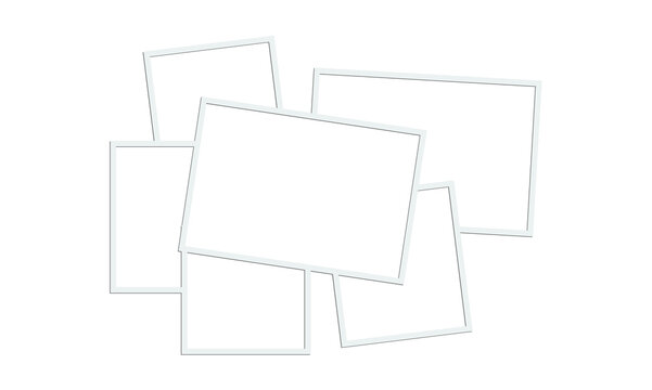Multiple overlapping empty photo frames template white border arrangement for creative collage gallery display layout design.