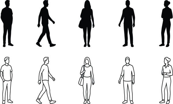 PrintCasual Pedestrians Walking and Standing People Silhouette and Monoline Line Art Vector Set for Architectural ElevationCasual Pedestria ns Walki Line Art Vector Set for Architectural Elevation
