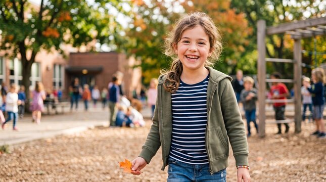 Joyful School Day: A happy young girl smiles brightly while holding an autumn leaf in her hand, standing on a playground in front of her school.