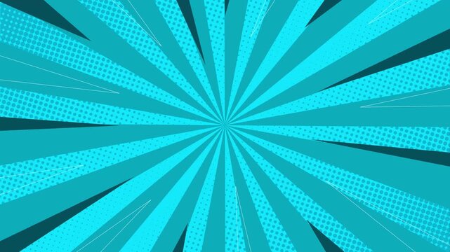 Blue comic book style background with radial speed lines and halftone dot pattern for graphic design