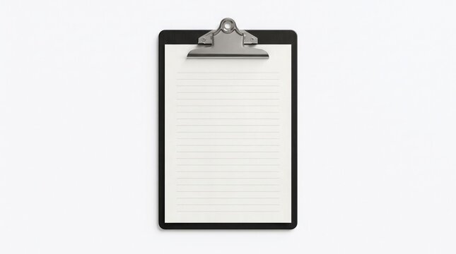Black plastic clipboard with a blank white paper sheet isolated on a plain white background