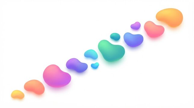Abstract colorful liquid shapes arranged in a diagonal line on a white background