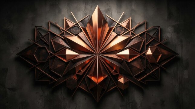Abstract gold and black geometric 3d shape with sharp metallic crystal star design