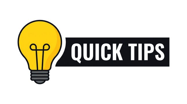 Quick tips text label with a yellow lightbulb icon isolated on a white background