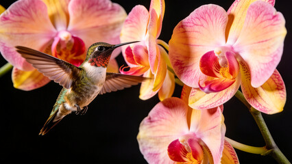Fototapeta premium Orchid flowers and hummingbird on black background. Beautiful, exotic, tropical blooms and iridescent color bird flying and drinking nectar. White, pink, yellow and magenta blossoms. Close up, motion 