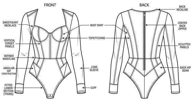 Technical Fashion Illustration of Women's Long Sleeve Bodysuit with Sweetheart Neckline
