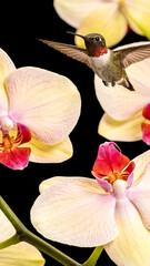 Fototapeta premium Orchid flowers and hummingbird on black background. Beautiful, exotic, tropical blooms and iridescent color bird flying and drinking nectar. White, pink, yellow and magenta blossoms. Close up, motion 