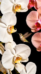 Fototapeta premium Orchid flowers and hummingbird on black background. Beautiful, exotic, tropical blooms and iridescent color bird flying and drinking nectar. White, pink, yellow and magenta blossoms. Close up, motion 
