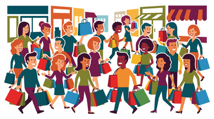 Fototapeta premium Diverse crowd of happy shoppers carrying colorful bags among retail storefronts concept of black friday shopping celebration and consumer lifestyle