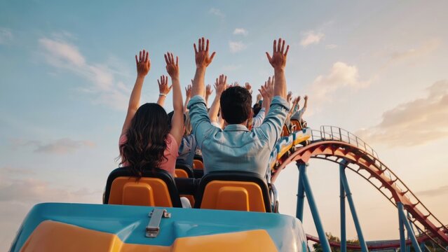 Group of friends with arms raised riding a roller coaster at sunset