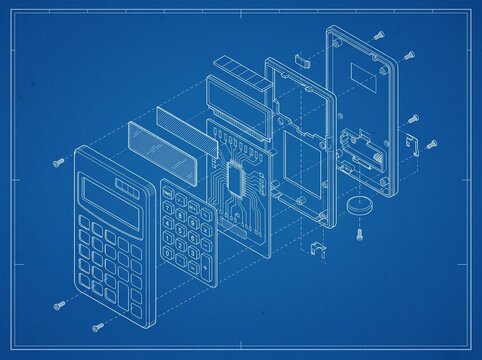 Exploded View Technical Blueprint of a Calculator.