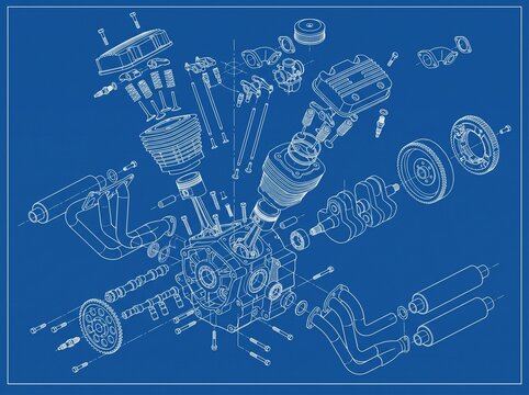 Exploded view technical blueprint drawing of a motorcycle Vtwin engine.
