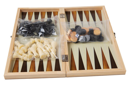 Open wooden backgammon and chess board with pieces in plastic bags isolated on white background