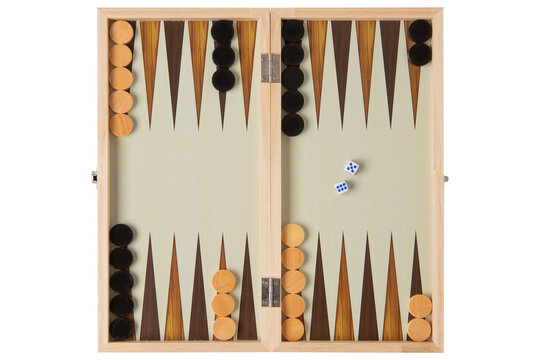 Wooden backgammon board setup with checkers and dice top view isolated on white background