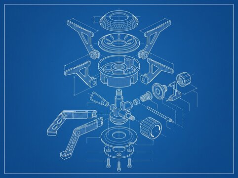 Exploded View Technical Blueprint of Mechanical Assembly Components.