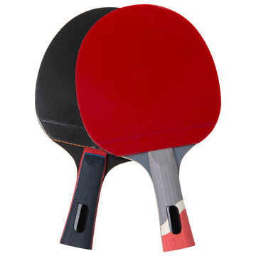Two table tennis rackets red and black ping pong paddles isolated on white background