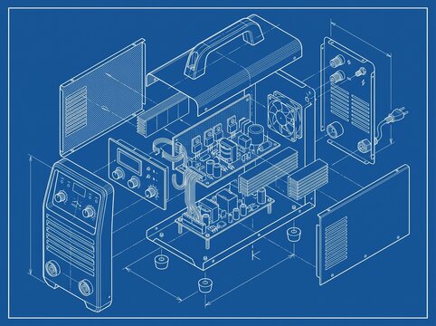 Isometric technical blueprint of an industrial welding machine.