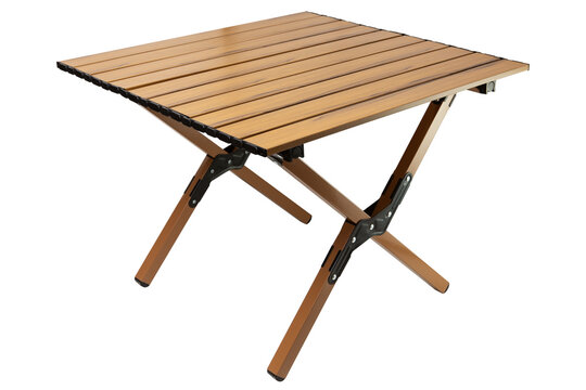 Portable folding camping table with wood grain aluminum slatted top isolated on white background