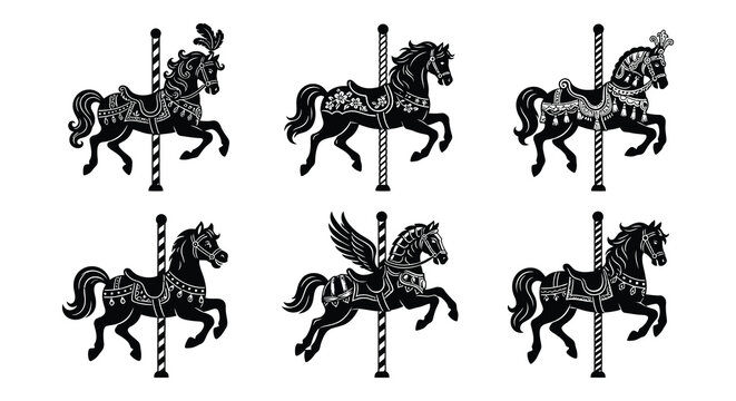 Black vector carousel horses and winged creature on white background
