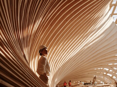 Architect inspecting the complex wooden structure of a modern building under construction site