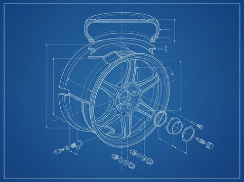 Technical blueprint illustration of a car wheel rim and tire assembly.