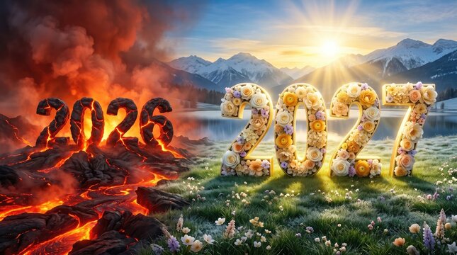 2027 new year concept featuring fiery 2026 to peaceful mountain transition