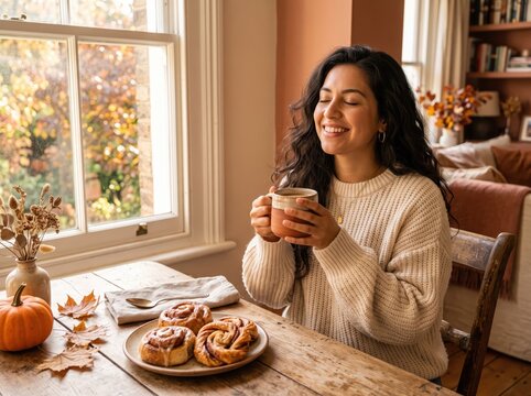 Cheerful Latina Woman Enjoying Coffee and Homemade Autumn Pastries at a Cozy Rustic Breakfast Table