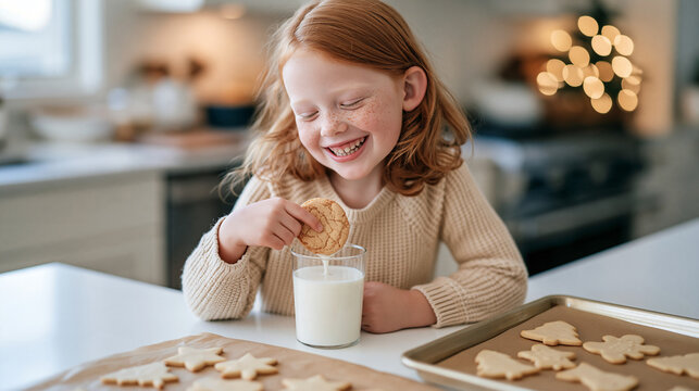 A redhead girl with freckles dunks a fresh baked cookie into a glass of cold milk at a festive kitchen counter on national cookie day December 4, holiday cut out shapes cooling on