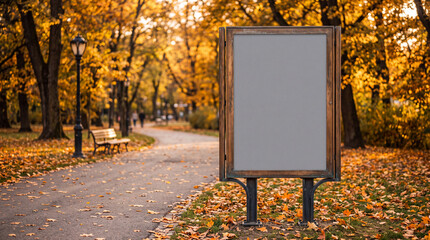 Obraz premium Autumn park with empty billboard mockup and fallen leaves on a sunny day