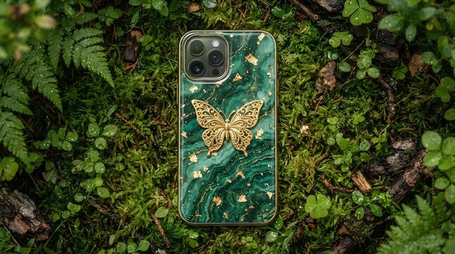 Green smartphone case with a golden butterfly design resting on a natural mossy forest ground