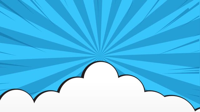 Blue comic book style background with radial sunburst lines and a white cloud shape at the bottom