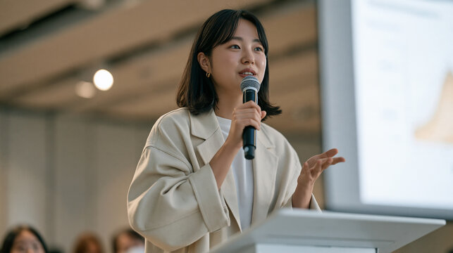 Young Korean climate activist presenting data visualization on screen at international youth summit, next generation leadership climate justice policy engagement conference