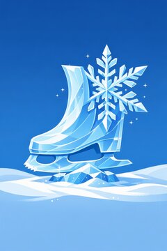 Crystal ice skate blade and large snowflake on snowy blue background for winter sports poster background and seasonal holiday banner design for skating events