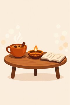 Cozy tea and candle on a wooden low table background for warm reading scene and home interior poster design