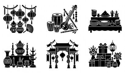 Fototapeta premium Traditional Asian Festival and Cultural Celebration Icon Set Featuring Lantern Garland Indian Musical Instruments Altar Offerings Ritual Pots and Welcome Gate Elements