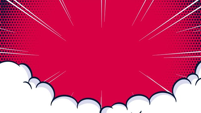 Red comic book background with halftone dots and white speed lines featuring a bottom cloud border