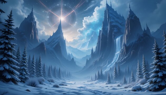 Majestic winter fantasy landscape with frozen waterfall and giant glowing star symbol in blue sky. Generative AI