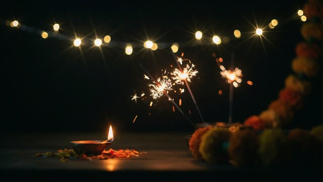 Diwali diya lamp with glowing sparklers and marigold flower garland