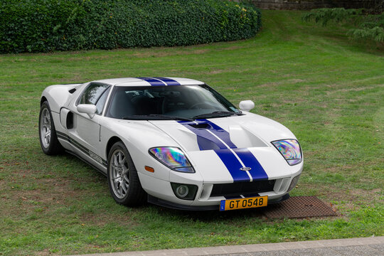 Mondorf-les-Bains, Luxembourg - September 13th 2026 : View on a white Ford GT parked on a lawn.