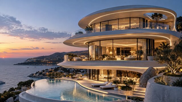Modern coastal luxury villa at sunset overlooking the sea