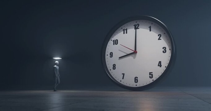 Silhouette of man with glowing halo walking past giant analog clock in dark foggy room