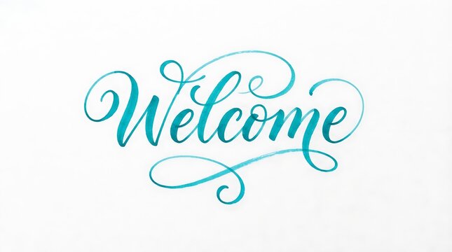 Welcome word in elegant blue and green cursive script lettering for invitations and greeting cards design